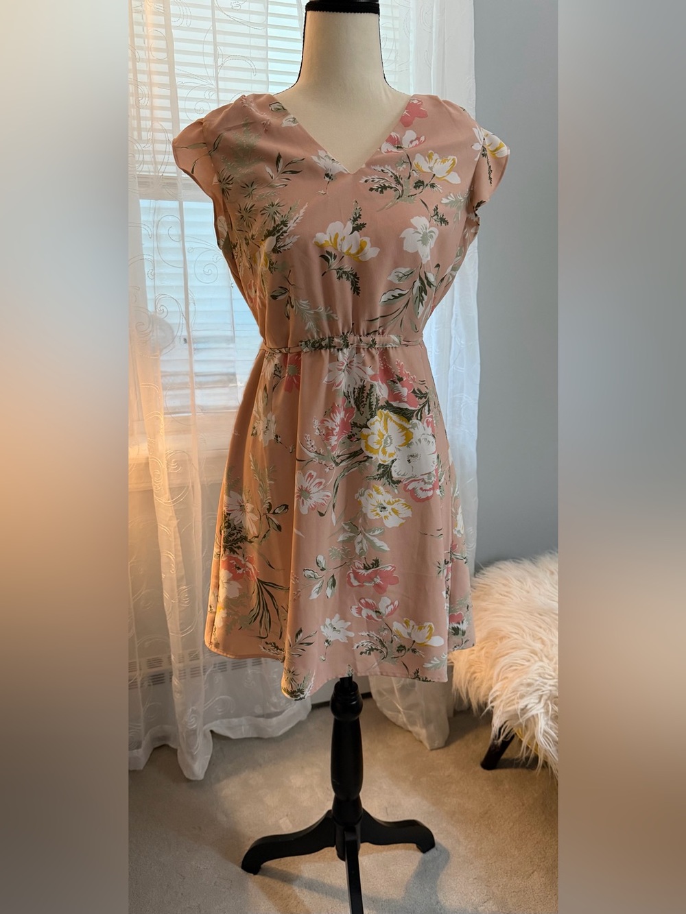 LOFT Pink Floral V-Neck Mini Dress